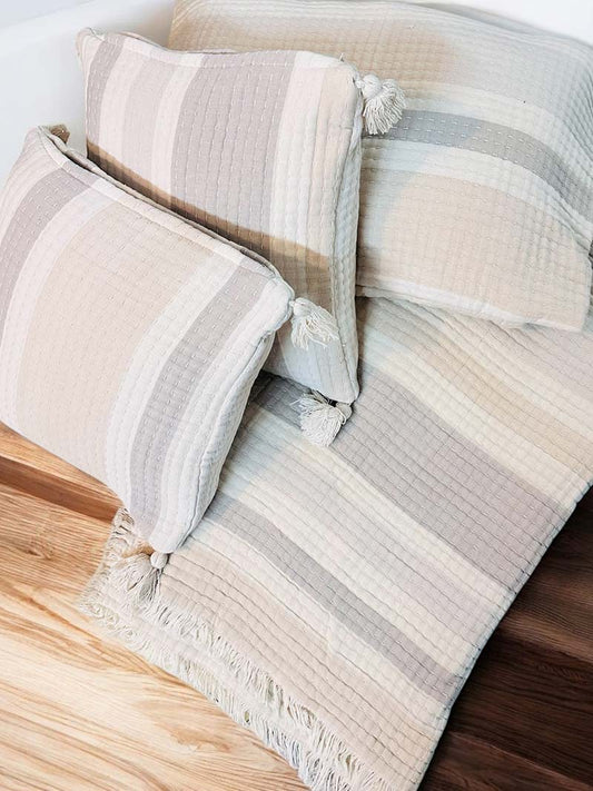 White & Grey Bed Throw with Pillow Set